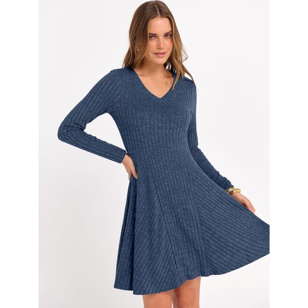 Women's Long Sleeve Ribbed Short Dresses V Neck Swing Sweater Dress Dark Blue - Picture 3 of 7